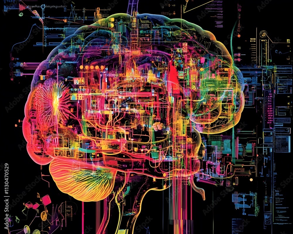 Poster an abstract representation of the brain, showcasing vibrant colors and intricate patterns symbolizin