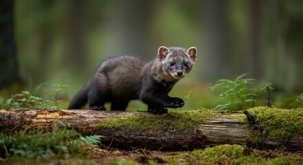 Curious pine marten exploring mossy forest floor in tranquil woodland setting
