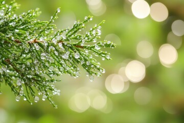 Obraz premium A macro shot of a snow-covered evergreen branch, with delicate water droplets and soft, out-of-focus bokeh lights in the background