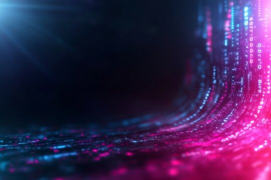 Abstract digital data stream flowing down, vibrant pink and blue glowing binary code on dark background.