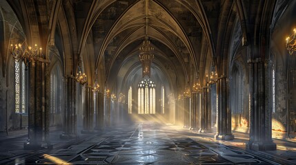 Fototapeta premium A long, stone hallway with arched ceilings and light streaming in from a large window at the end.