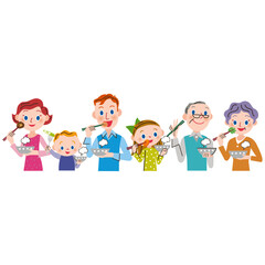 鍋を食べる三世代家族が横並びで並んでいる