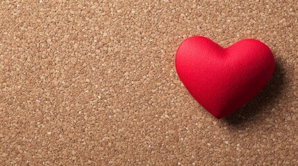 Fototapeta premium Isolated red paper hearts pinned on a corkboard in an office setting with soft natural sunlight and empty space for text 