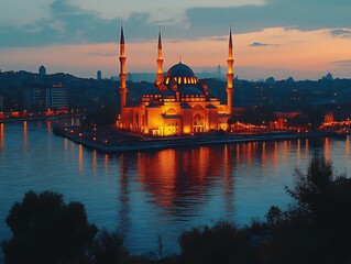Obraz premium Illuminated Mosque Reflecting in Evening Water