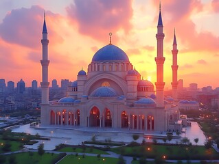 Obraz premium Majestic Mosque at Sunset City Skyline View
