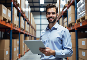 A businessman working in an office and a warehouse setting.