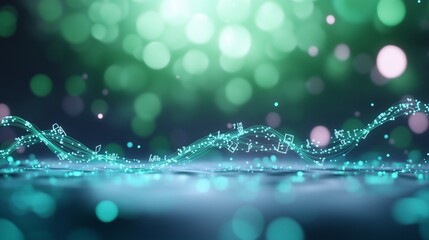 Abstract teal teal-green digital particles flowing on a surface with bokeh lights.