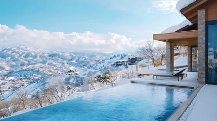 Stunning modern hot spring resort with infinity pools overlooking a picturesque snowy alpine valley with clear blue skies above providing ample copy space for your design or marketing needs
