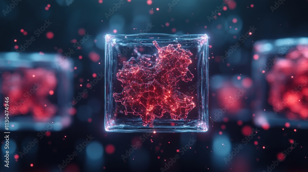 Poster abstract red liquid in glass cube futuristic technology science background