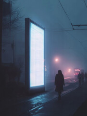 Mock-up of the vertical lightbox in the foggy city