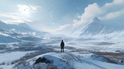 A person exploring a virtual reality landscape of an arctic tundra, interacting with digital wildlife