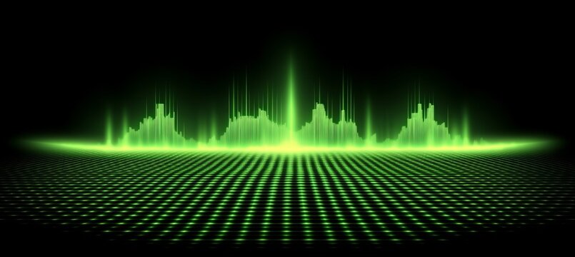 Green Soundwave Visualization On Digital Grid, Audio Signal, Data Transfer Background.
