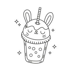 Drink in a glass with a straw with a cute bunny in kawaii style, hand drawn doodle.