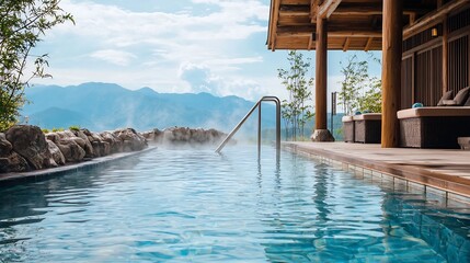 A tranquil and serene minimalist hot spring resort nestled in a mountainous landscape featuring sleek wooden architecture and steaming natural pools for a luxurious and rejuvenating escape