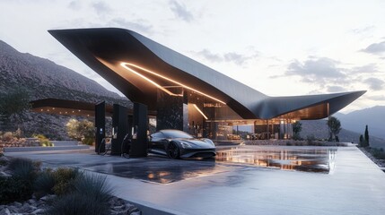 Modern gas station and sleek car in scenic landscape