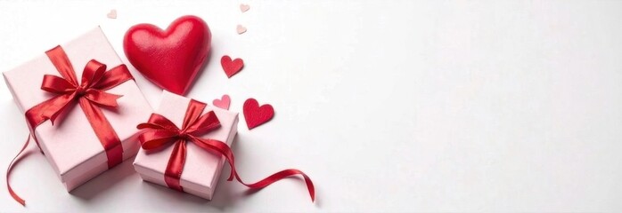 White gift box and hearts for valentine's day on white background, banner for valentine's day or birthday, space for text