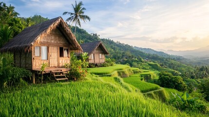 Fototapeta premium Peaceful and picturesque resort nestled among lush green rice terraces featuring wooden cottages that blend seamlessly into the natural surroundings