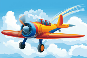 Bright Cartoon Airplane with Trailing Banner Flying Through a Clear Blue Sky and Fluffy Clouds.