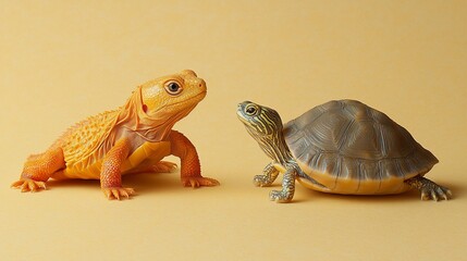 Obraz premium Orange bearded dragon and brown turtle facing each other on yellow background.