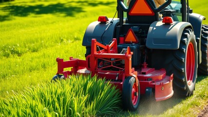 Obraz premium Tractor Mower Cutting Lawn - Dynamic Action Photo, Bright Colors, Professional Quality