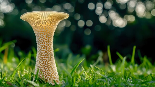 A single veiled stinkhorn mushroom with its unique, net-like structure highlighted