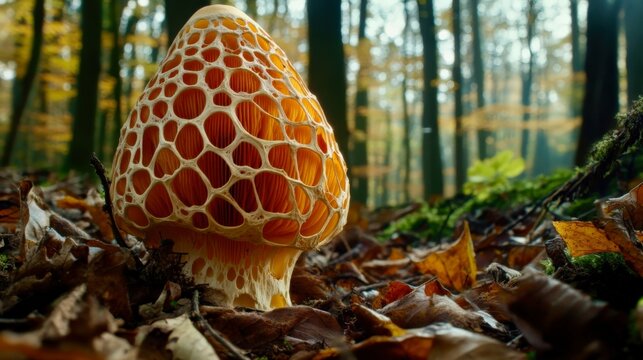 A single veiled stinkhorn mushroom with its unique, net-like structure highlighted