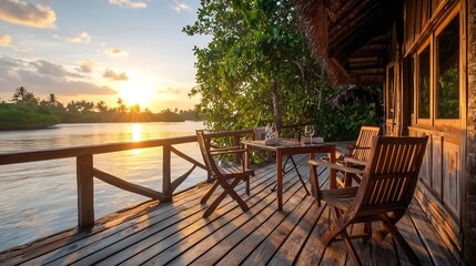Fototapeta premium Exquisite Boutique Resort with Outdoor Dining Areas Overlooking a Lush Mangrove Forest at Magical Sunset Bathed in Warm Golden Light and Offering Ample Space for Branding or Text Placement