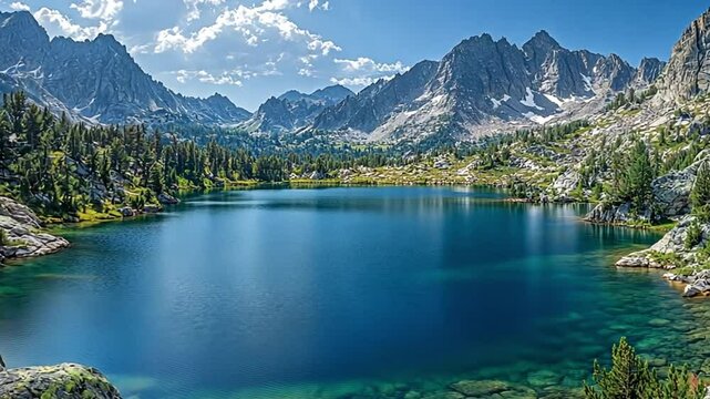 beautiful view of the lake with clear water against a backdrop of rocky mountains and blue sky footage