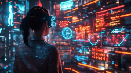 Obraz premium A person navigating a digital landscape of a futuristic city in virtual reality, interacting with holographic signs and structures
