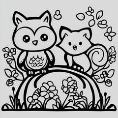 Bold and easy line drawing of an cute owl chlling with a fox