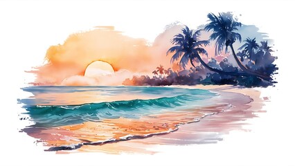 sunset beach paradise watercolor illustration for t-shirt design and various project, sunset paradise, AI Generative