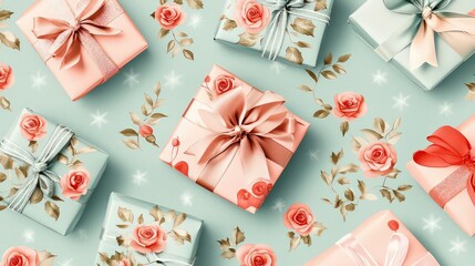 Fototapeta premium Elegant pastel pink gift boxes decorated with ribbons on a light background in a cozy festive atmosphere.