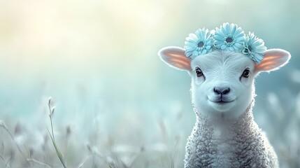 Obraz premium Adorable lamb wearing flower crown in a meadow