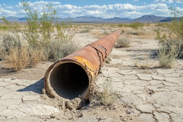 Cracked clay drainage pipe in arid landscape dry environment nature photography scenic viewpoint highlighting drought challenges and water scarcity issues
