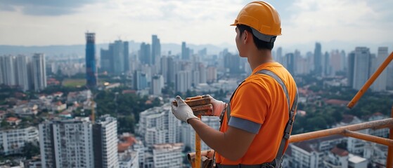 Construction worker overlooking a city skyline from a high-rise.