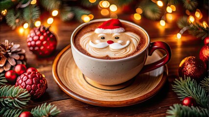 Christmas coffee cup with milk foam Santa Claus. Christmas latte art. Cozy atmosphere. Holiday background with copy space. Christmas and New Year cappuccino coffee
