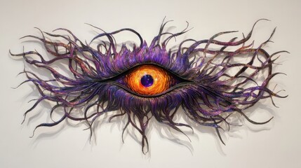 A striking peacock feather with its iridescent eye spot, arranged symmetrically on white