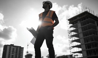 Construction worker overseeing a building site at sunset.