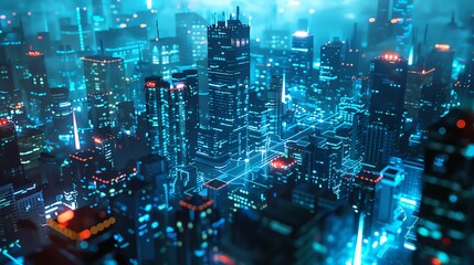 Obraz premium A futuristic city with glowing lines and data points, representing a connected and technologically advanced urban center.