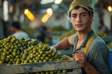 Obraz premium A young male worker stands holding a medium-sized wooden crate, filled with freshly picked green olives.