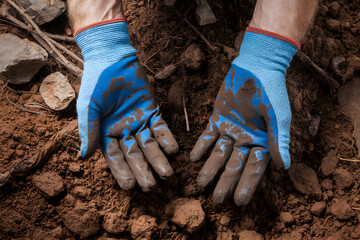 Gloved hands delve into rich soil, embracing earthy textures and manual work