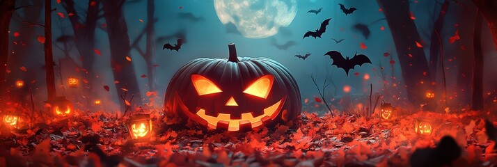Fototapeta premium Halloween background with spooky pumpkin jack-o-lanterns at night. Halloween background for a Halloween party