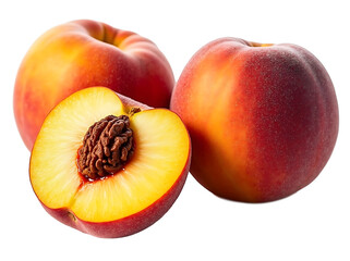 Whole and Sliced Ripe Peaches with Vibrant Pit on White Background (Transparent PNG)