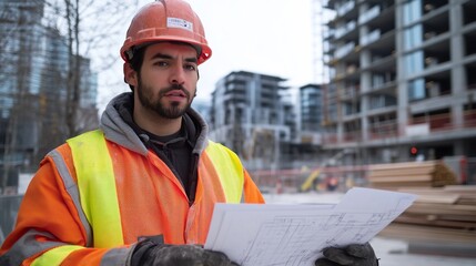 Construction worker reviewing blueprints on a building site in winter.