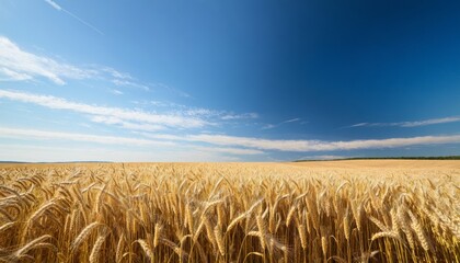 Naklejka premium Golden wheat field under a clear blue sky, with gentle wind swaying the stalks and warm sunlight highlighting the scene