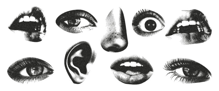 Lips, mouth, eyes, nose with the effect of monochrome photocopy, for the design of collages in the grunge punk style. Retro design in halftones. Vector illustration.
