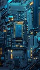 Fototapeta premium Futuristic Circuit Board, Modern Technology, Electronic Components Closeup, Blue and Orange