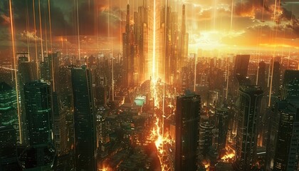 Fototapeta premium Futuristic Cityscape Illuminated By Golden Beams Of Light