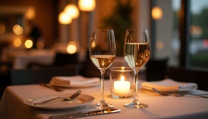 Table setting for romantic dinner in restaurant