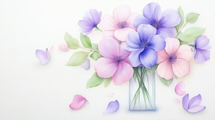 Fototapeta premium a detailed watercolor painting of a vase with spring flowers, featuring soft pastel tones